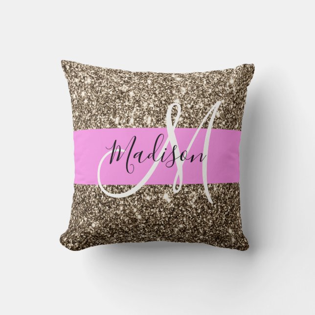 Glam Pink Champagne Gold Glitter Sparkle Monogram Cushion (Front)
