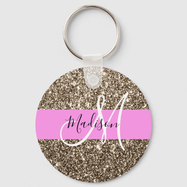 Glam Pink Champagne Gold Glitter Sparkle Monogram Key Ring (Front)