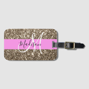 Glam Pink Champagne Gold Glitter Sparkle Monogram Luggage Tag