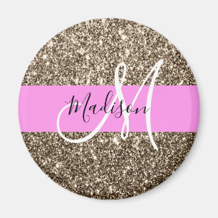 Glam Pink Champagne Gold Glitter Sparkle Monogram Magnet