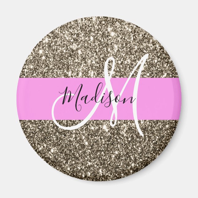 Glam Pink Champagne Gold Glitter Sparkle Monogram Magnet (Front)