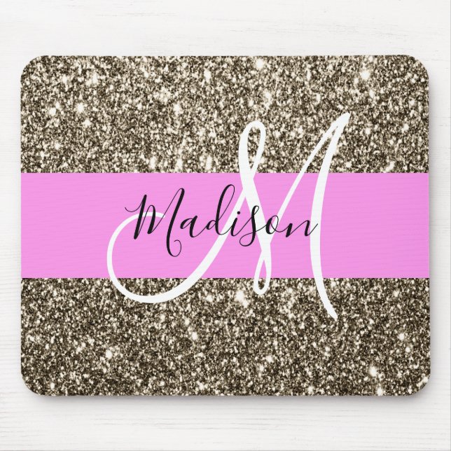 Glam Pink Champagne Gold Glitter Sparkle Monogram Mouse Mat (Front)