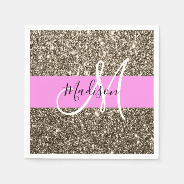 Glam Pink Champagne Gold Glitter Sparkle Monogram Napkin (Front)