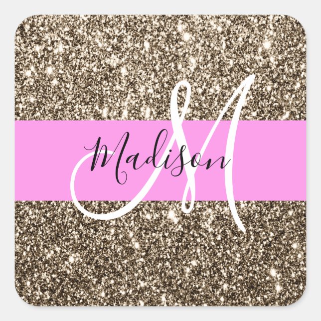 Glam Pink Champagne Gold Glitter Sparkle Monogram Square Sticker (Front)