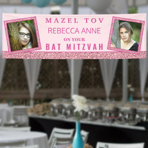 Glam Pink Chic 2 Photo Birthday Bat Mitzvah Banner