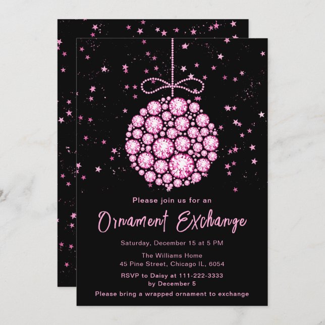 Glam Pink Christmas Ornament Exchange Invitation (Front/Back)