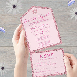 Glam Pink Classic Elegant Bat Mitzvah RSVP All In One Invitation