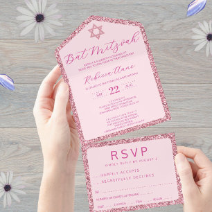 Glam Pink Classic Elegant Bat Mitzvah RSVP All In One Invitation