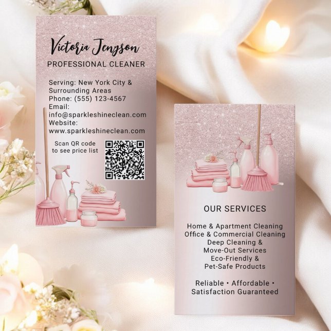 Glam Pink Cleaning Service Housekeeping Qr Code Business Card (Glam Pink Cleaning Service Housekeeping Qr Code Business Card)