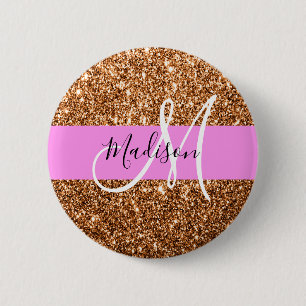 Glam Pink & Copper Glitter Sparkles Monogram Name 6 Cm Round Badge