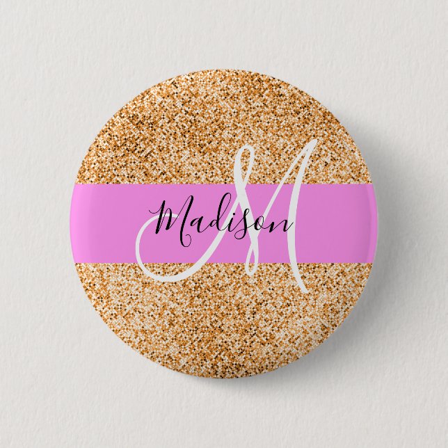 Glam Pink & Copper Glitter Sparkles Monogram Name 6 Cm Round Badge (Front)