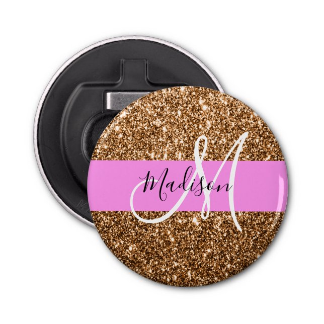Glam Pink & Copper Glitter Sparkles Monogram Name Bottle Opener (Front)