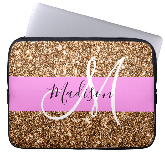 Glam Pink & Copper Glitter Sparkles Monogram Name Laptop Sleeve (Front)