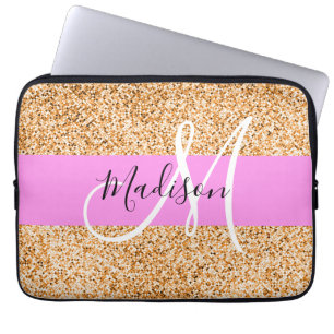 Glam Pink & Copper Glitter Sparkles Monogram Name Laptop Sleeve