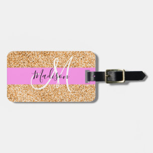 Glam Pink & Copper Glitter Sparkles Monogram Name Luggage Tag