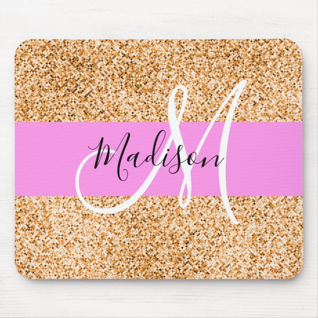 Glam Pink & Copper Glitter Sparkles Monogram Name Mouse Mat (Front)