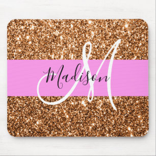 Glam Pink & Copper Glitter Sparkles Monogram Name Mouse Mat