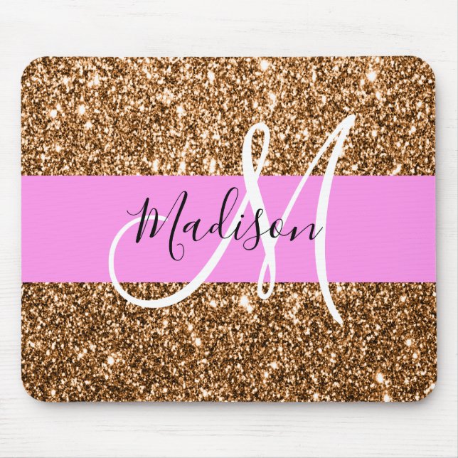 Glam Pink & Copper Glitter Sparkles Monogram Name Mouse Mat (Front)