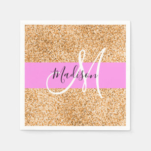 Glam Pink & Copper Glitter Sparkles Monogram Name Napkin