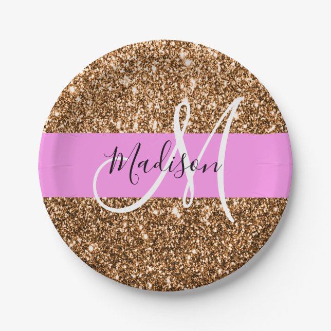Glam Pink & Copper Glitter Sparkles Monogram Name Paper Plate (Front)