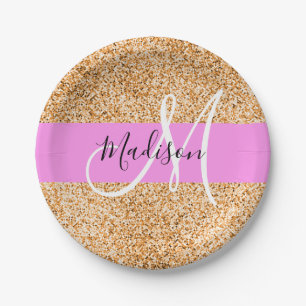 Glam Pink & Copper Glitter Sparkles Monogram Name Paper Plate
