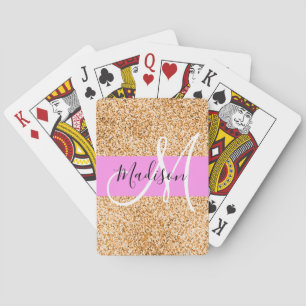 Glam Pink & Copper Glitter Sparkles Monogram Name Playing Cards