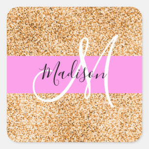 Glam Pink & Copper Glitter Sparkles Monogram Name Square Sticker