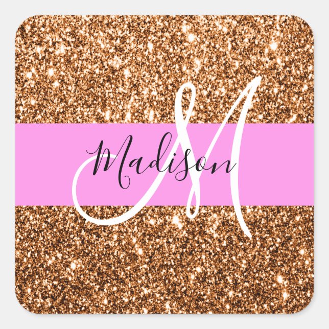 Glam Pink & Copper Glitter Sparkles Monogram Name Square Sticker (Front)