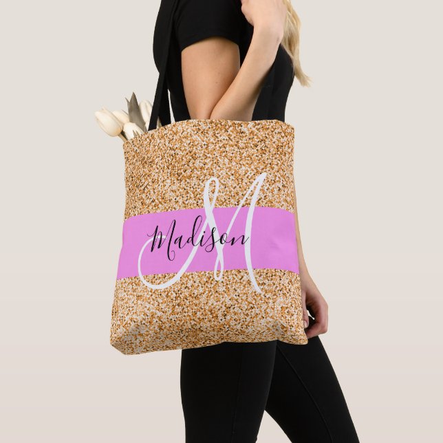 Glam Pink & Copper Glitter Sparkles Monogram Name Tote Bag (Close Up)