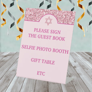 Glam Pink Create Your Own Elegant Bat Mitzvah Pedestal Sign