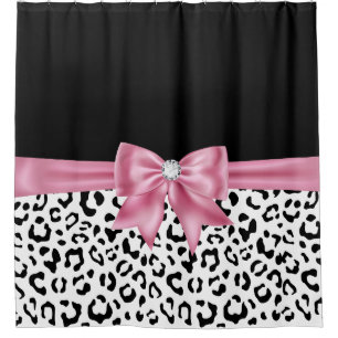Glam Pink Diamond Bow Black Snow Leopard Shower Curtain
