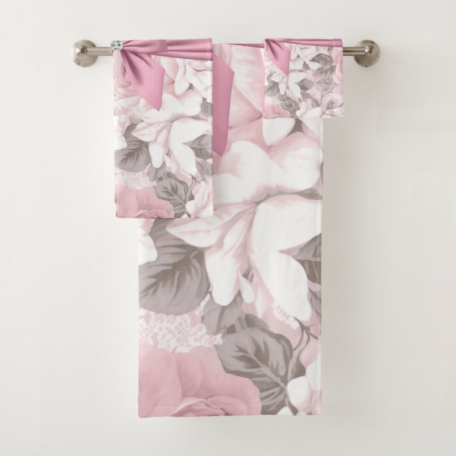Glam Pink Diamond Bow Floral Polka Dots  Bath Towel Set (Insitu)
