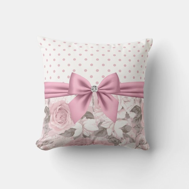 Glam Pink Diamond Bow Floral Polka Dots  Cushion (Front)