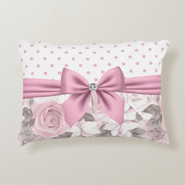 Glam Pink Diamond Bow Floral Polka Dots  Decorative Cushion (Front)