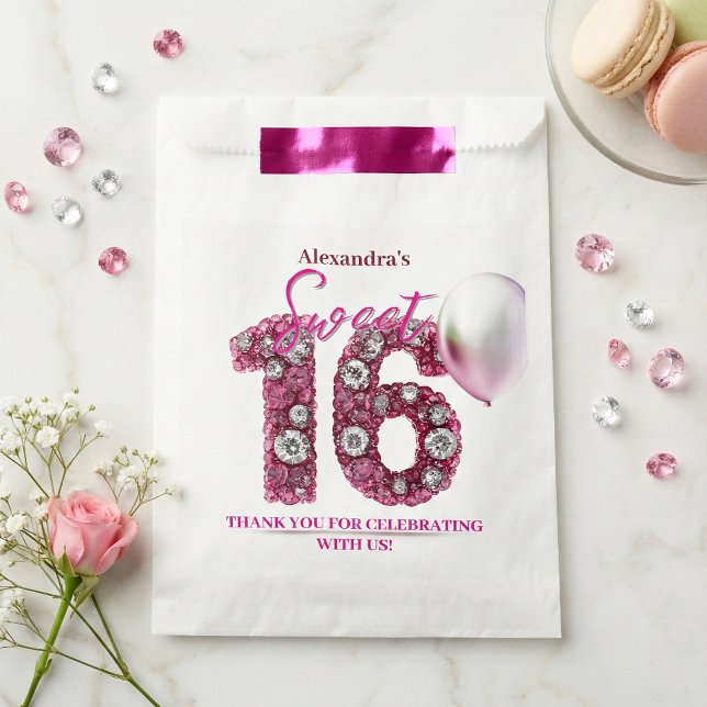 Glam Pink Diamonds & Silver Balloon Sweet 16 Favour Bags (Creator Uploaded)