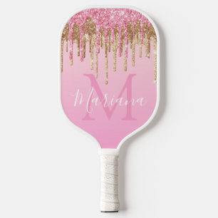 Glam Pink Dripping Gold Glitter Personalised Pickleball Paddle