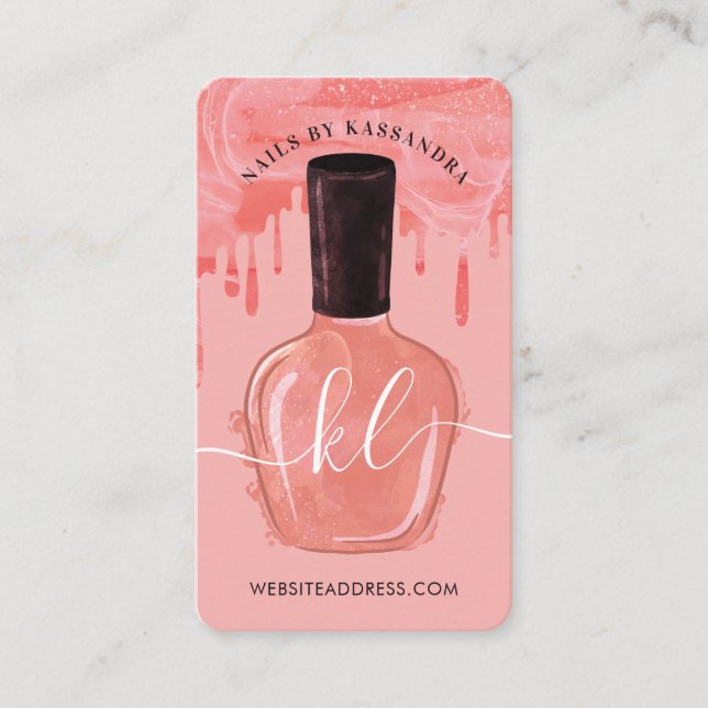 Glam Pink Drips Nail Polish Bottle Monogram Script Business Card (Front)