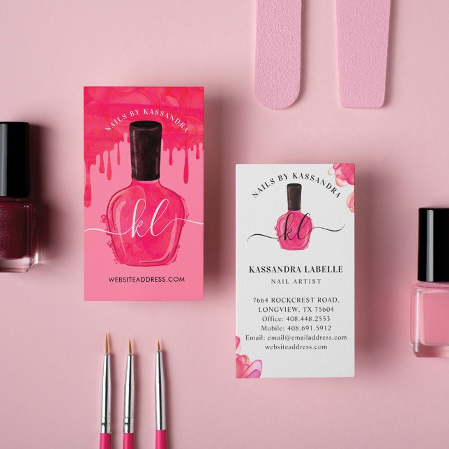 Glam Pink Drips Nail Polish Bottle Monogram Script Business Card (Creator Uploaded)