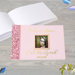 Glam Pink Elegant Photo Bat Mitzvah Gold Guest Book