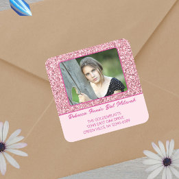 Glam Pink Elegant Photo For Her Bat Mitzvah Square Sticker