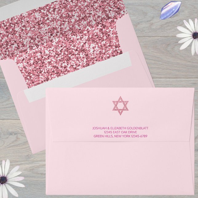 Glam Pink Elegant Return Address Bat Mitzvah Envelope (Custom faux pink glitter envelopes for your Bat Mitzvah invitations)