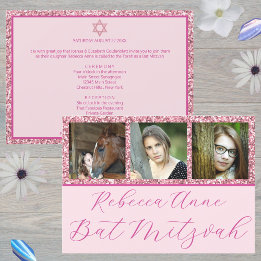 Glam Pink Elegant Script 3 Photo Bat Mitzvah Invitation