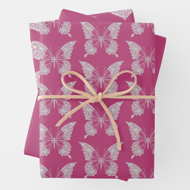 Glam Pink Faux Diamonds Butterfly and Heart Wrapping Paper Sheet (In situ)