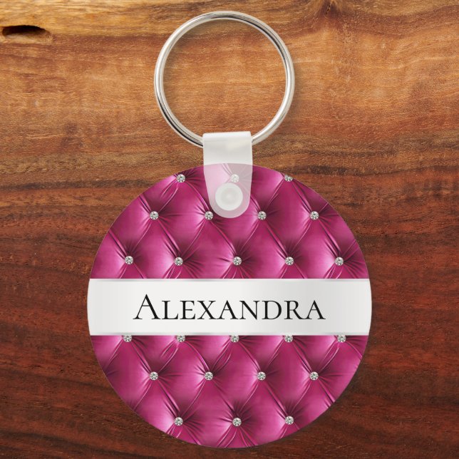 Glam Pink faux Velvet Luxury Name Key Ring (Front)