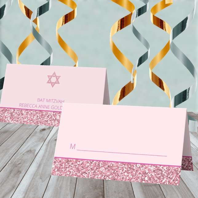 Glam Pink Fun Seating For Bat Mitzvah Party Place Card (These pink glam Bat Mitzvah place cards are so easy to personalize)