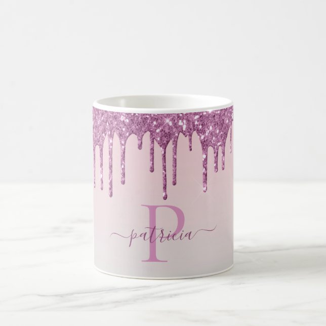 Glam Pink Glitter Drips Elegant Monogram  Coffee Mug (Center)