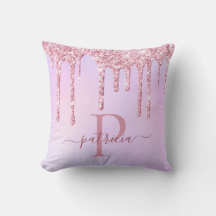Glam Pink Glitter Drips Elegant Monogram Cushion