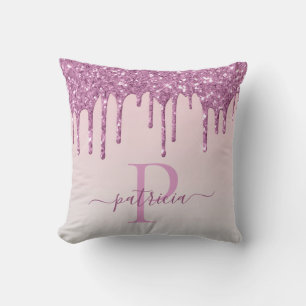 Glam Pink Glitter Drips Elegant Monogram  Cushion