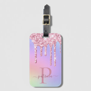 Glam Pink Glitter Drips Elegant Monogram Luggage T Tag
