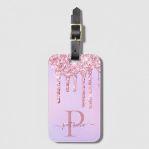 Glam Pink Glitter Drips Elegant Monogram Luggage Tag